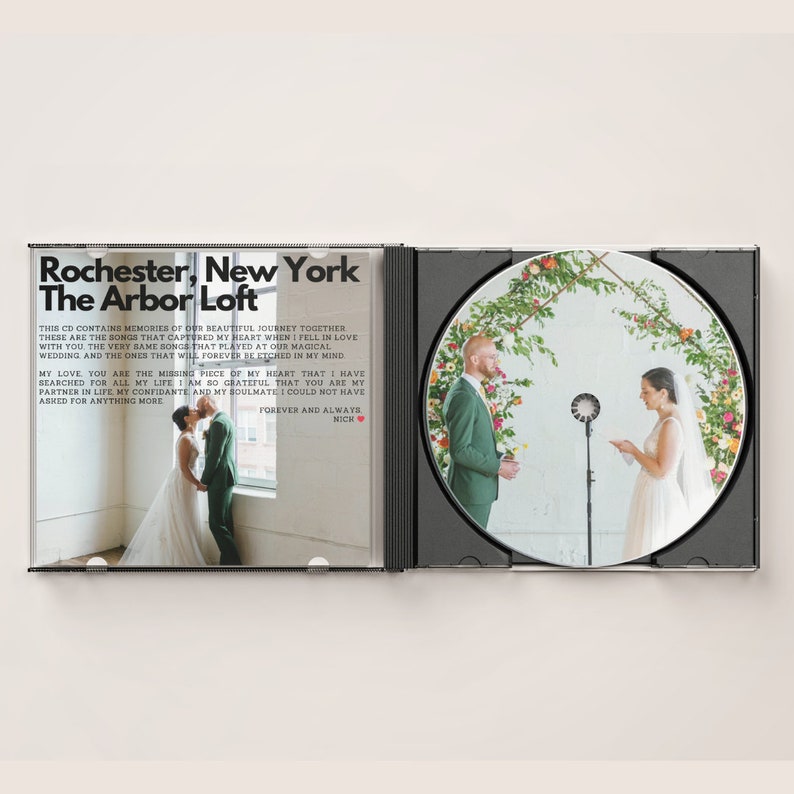 May include: A CD case with a photo of a wedding couple in front of a floral arch. The text on the case reads "Rochester, New York The Arbor Loft" and "Forever and Always, Nich".