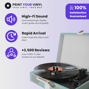 May include: A vintage-style record player with a black vinyl record playing. The image includes text that reads "PRINT YOUR VINYL" and "High-Fi Sound". A purple banner states "100% Satisfaction Guaranteed".