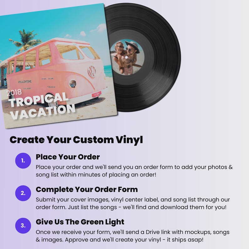May include: A black vinyl record with a custom album cover featuring a pink vintage bus on a beach with the text "TROPICAL VACATION 2018". The center label of the record has a photo of two people. Instructions for creating a custom vinyl record are also shown.