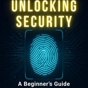May include: Book cover with the title "UNLOCKING SECURITY" in yellow glowing letters. Below, a blue fingerprint graphic is centered. The text "A Beginner's Guide to Access Control & Surveillance Systems" is also present.