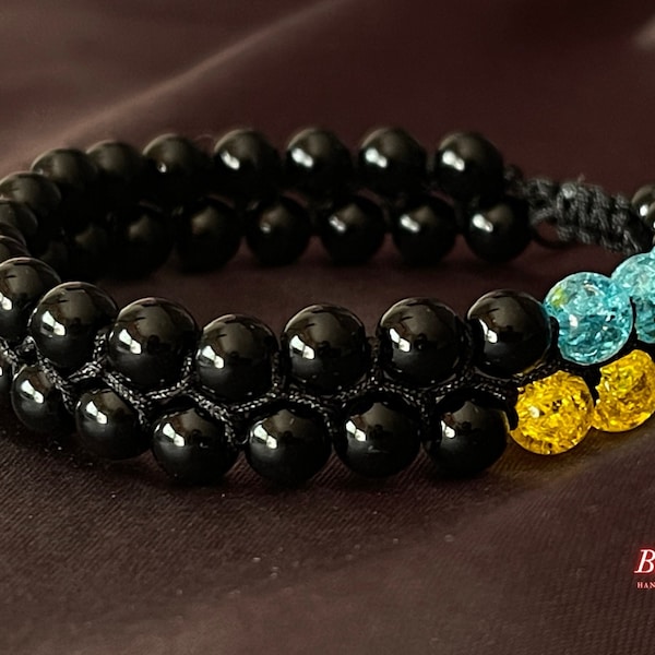 Black Onyx • Cracked Crystal • Unisex • Everyday • Support of Ukraine • Black, Yellow and Blue • Gemstones 6 mm Beads • Hand Made Bracelet