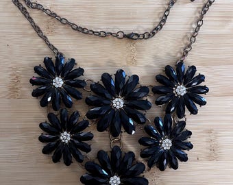 Chunky Floral Beaded Necklace - black rhinestone Flowers whimsicore