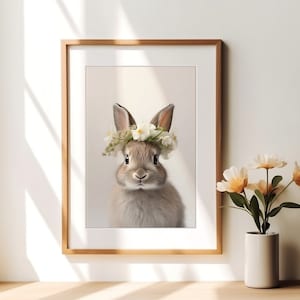 Bunny Print for Nursery, Nursery Wall Art, Girls Bedroom Decor, Rabbit with Floral Crown, Printable Digital Download
