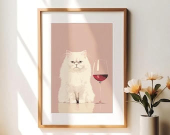 Moody print perzische kat, kunst aan de muur galerij, grappige kat, cadeau-ideeën voor wijnliefhebber