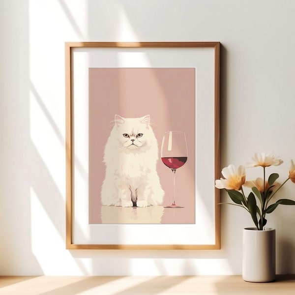 Moody Persian Cat Print, Gallery Wall Art, Funny Cat, Wine Lover Gift Ideas