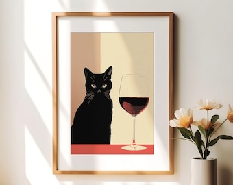 Moody Black Cat Print, Gallery Wall Art, Black Cat Lover, Wine Lover Gift Ideas