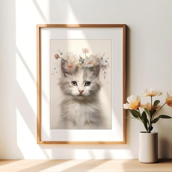 Kitten Wall Art, Baby Cat Print, Kitten with Floral Crown, Girls Bedroom Decor, Printable Digital Download, Nursery Art
