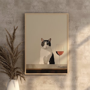 Grey and White Cat, Gallery Wall Art, Funny Cat, Wine Lover Gift Ideas, Cat Lover
