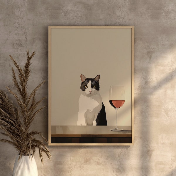 Grey and White Cat, Gallery Wall Art, Funny Cat, Wine Lover Gift Ideas, Cat Lover