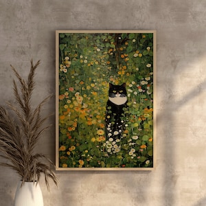 Gustav Klimt Garden Black and White Cat Print, Black and White Cat Art, Klimt Flowers Cat Poster, Floral Print, Funny Cat Print