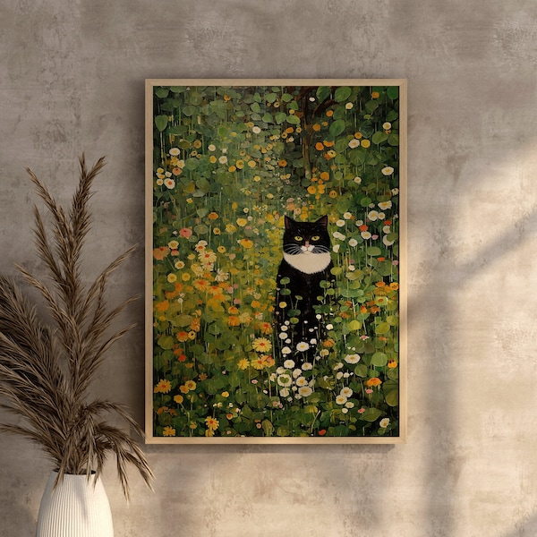 Gustav Klimt Garden Black and White Cat Print, Black and White Cat Art, Klimt Flowers Cat Poster, Floral Print, Funny Cat Print