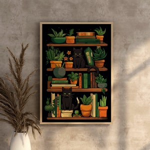 House Plants Print, Cat and Plants Printable Wall Art, Plant Lover Gift, Potted Indoor Plants Poster, Boho Wall Decor, Black Cat Lovers