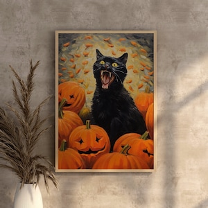 Scary Cat, Halloween Cat Wall Art, Halloween Decor Indoor, Halloween Printables Vintage, Halloween Downloadable, Black Cat Posters