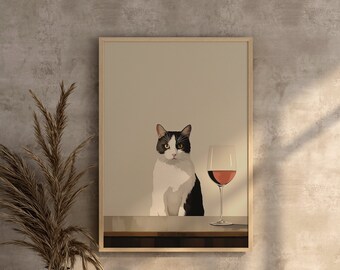Grey and White Cat, Gallery Wall Art, Funny Cat, Wine Lover Gift Ideas, Cat Lover