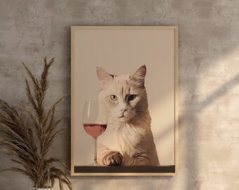 Beige Cat Wall Prints, Cat Art, Digital Download, Cat Lover gift, Wine lover gift idea