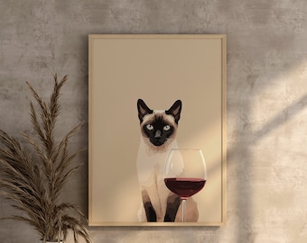 Siamese kat print, kunst aan de muur galerij, cadeau kattenliefhebber, digitale download
