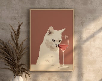 Moody White Cat Print, Gallery Wall Art, Funny Cat, Wine Lover Gift Ideas
