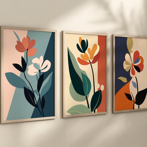 Set of 3 Prints, Retro Flower Wall Art Poster, Matisse Inspired, Digital Download Print, Gallery Wall Art