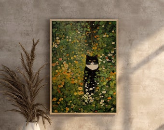 Gustav Klimt Garden Black and White Cat Print, Black and White Cat Art, Klimt Flowers Cat Poster, Floral Print, Funny Cat Print