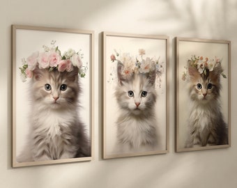 Kitten Wall Art, Set of 3 Prints, Kitten with Floral Crown, Digital Download, Gallery Wall Art