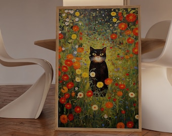 クリムトのリンゴの木の猫のプリント、クリムトの花の猫のポスター、黒