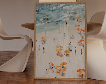 Beach Oil Painting, Swimming Painting, Texture Wall Art, Costal Art, Crowds on the Shore Painting, Summer Printable, Digital Download