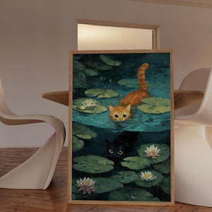 Impression chat nénuphar Monet, affiche chat mignon, cadeau amusant, affiche d&#39;art mural pour la maison, art chat noir, chat orange