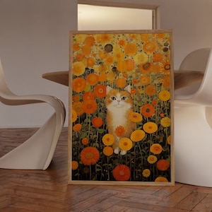Gustav Klimt Garden Cat Print, Cat Portrait Print, Orange Cat Art, Klimt Flowers Cat Poster, Floral Print, Funny Cat Print