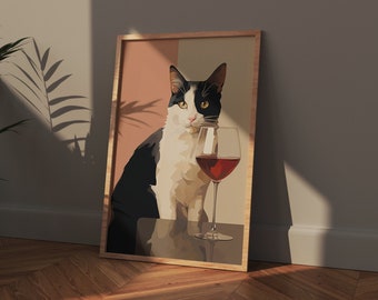 Black and White Cat, Gallery Wall Art, Funny Cat, Wine Lover Gift Ideas, Cat Lover