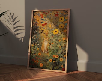 Gustav Klimt Garden Cat Print, Orange Cat Art, Klimt Flowers Cat Poster, Floral Print, Funny Cat Print