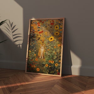 Estampa de gato de jardim Gustav Klimt, arte de gato laranja, pôster de gato com flores Klimt, estampa floral, estampa de gato engraçada