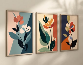 Set of 3 Prints, Retro Flower Wall Art Poster, Matisse Inspired, Digital Download Print, Gallery Wall Art