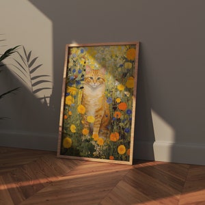 Estampa de gato laranja do jardim Gustav Klimt, arte de gato laranja, pôster de gato com flores Klimt, estampa floral, estampa de gato engraçada