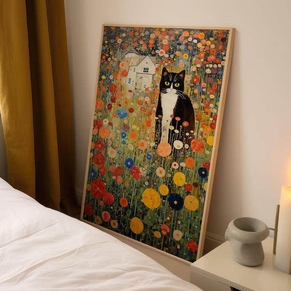 Gustav Klimt Garden Cat Print, Black and White Cat Art, Klimt Flowers Cat Poster, Floral Print, Funny Cat Print
