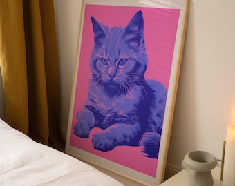 Pink Kitten Wall Art, Kitten Wall Art, Cute Kitten Illustration, Cat Lover Gift, Trendy Wall Art, Digital Download, Cat Art, Cat Wall Art