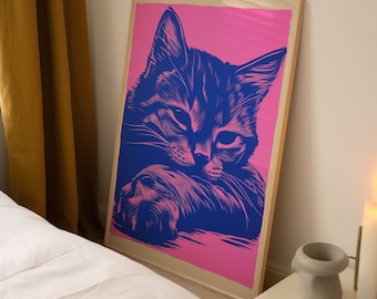 Pink Wall Art, Kitten Wall Art, Cute Kitten Illustration, Cat Lover Gift, Trendy Wall Art, Digital Download, Cat Art, Cat Wall Art