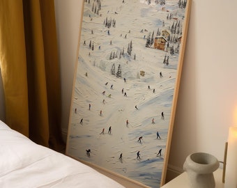 Ski Sport Painting, Winter Decor, Digital Download, Printable Art, Texture Wall Art, Skier on Snowy Mountain Art