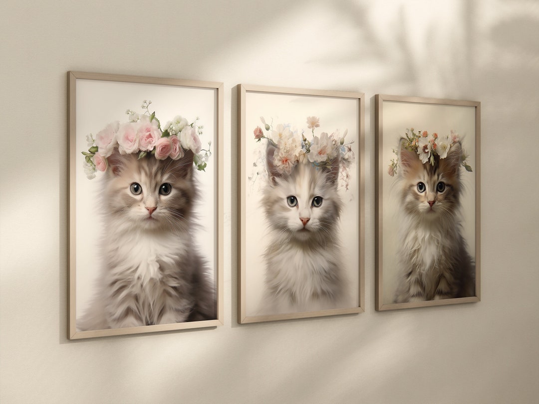 Kitten Wall Art, Set of 3 Prints, Kitten With Floral Crown, Digital ...