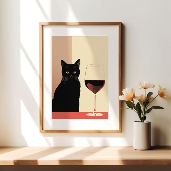 Moody Black Cat Print, Gallery Wall Art, Black Cat Lover, Wine Lover Gift Ideas