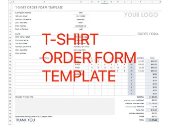 Excel afdrukbaar, bewerkbaar, aanpasbaar, invulbaar bestelformulier voor T-shirts, bestelformulier voor t-shirts, aangepast bestelformulier, bestelformulier