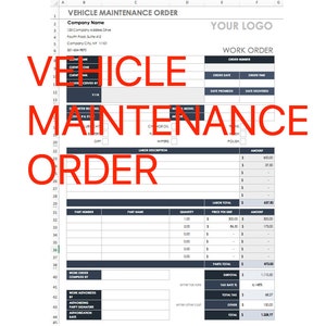 May include: A black and white spreadsheet with the title "Vehicle Maintenance Order". The spreadsheet includes columns for order number, date, time, labour description, amount, part number, part name, quantity, price per unit, and amount. The spreadsheet also includes a section for work order compiled by, work authorised by, authorising party signature, authorisation date, and total.