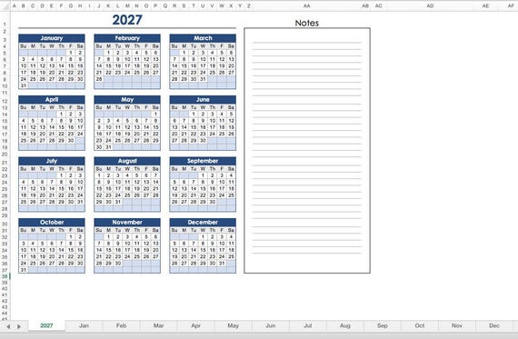2027 Calender, Calender Notes, Business Plan, Excel Label, Digital