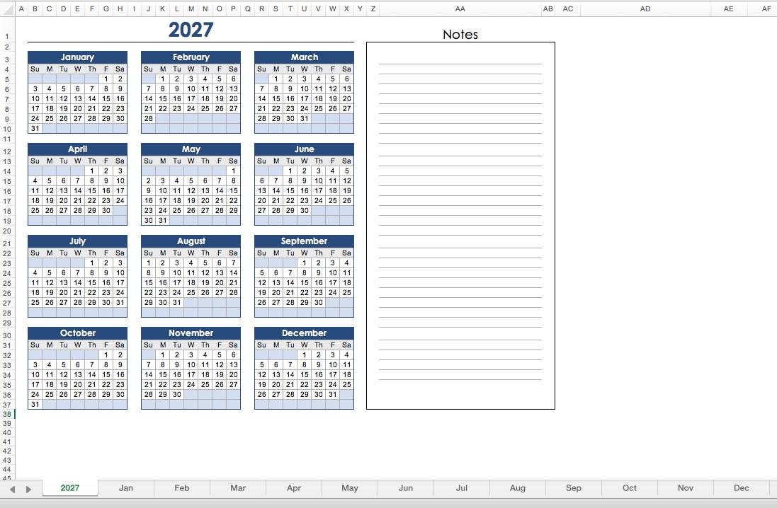 2027 Calender, Calender Notes, Business Plan, Excel Label, Digital