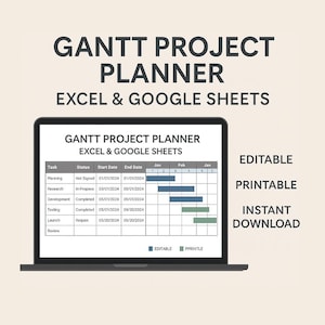Planificador de proyectos con diagrama de Gantt para Excel y Hojas de cálculo de Google / Seguimiento de cronogramas de proyectos, Gestión de tareas, Plantilla imprimible y editable