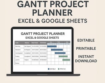 Gantt Chart Project Planner Excel & Google Sheets | Project Timeline Tracker, Task Management, Printable | Editable Template