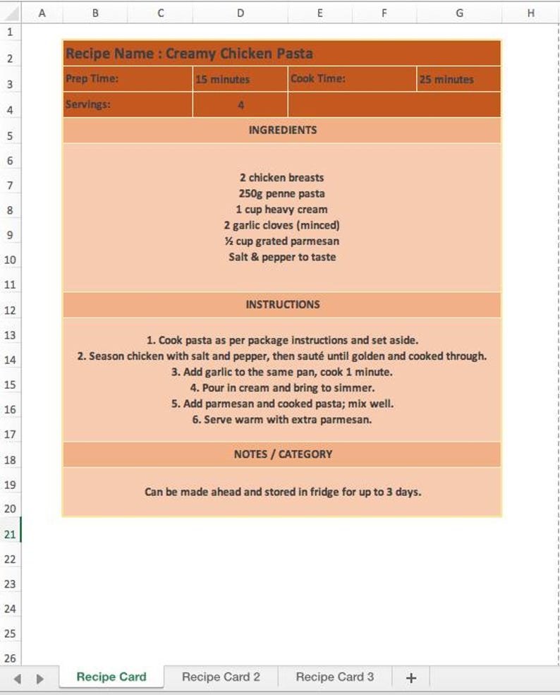 Editable Recipe Cards Excel Template - Printable Digital Recipe Sheet ...