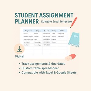 Puede incluir: Una plantilla digital de planificador de tareas para estudiantes con una hoja de cálculo que muestra las tareas, las fechas de vencimiento y el estado. Incluye un lápiz, un pequeño libro azul y una goma de borrar. El texto dice: "Student Assignment Planner, Editable Excel Template."