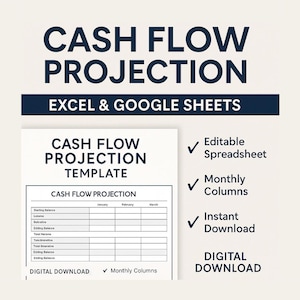May include: A digital download graphic with the text "CASH FLOW PROJECTION" in navy blue. Below, the text "EXCEL & GOOGLE SHEETS" is displayed. The image also includes a cash flow projection template, and the words "Editable Spreadsheet", "Monthly Columns", and "Instant Download".