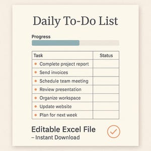Daily To-Do List Template | Editable Excel Planner with Progress Bar | Task Tracker & Checklist | Instant Download XLSX File