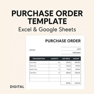 May include: A digital purchase order template for Excel and Google Sheets. The document includes fields for vendor information, item descriptions, quantities, unit prices, and amounts. The total amount is $379.00.